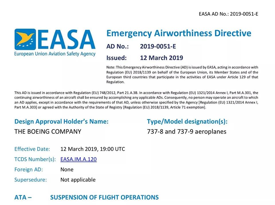 EASA временно запретило эксплуатацию Boeing 737 Max 8 и 9